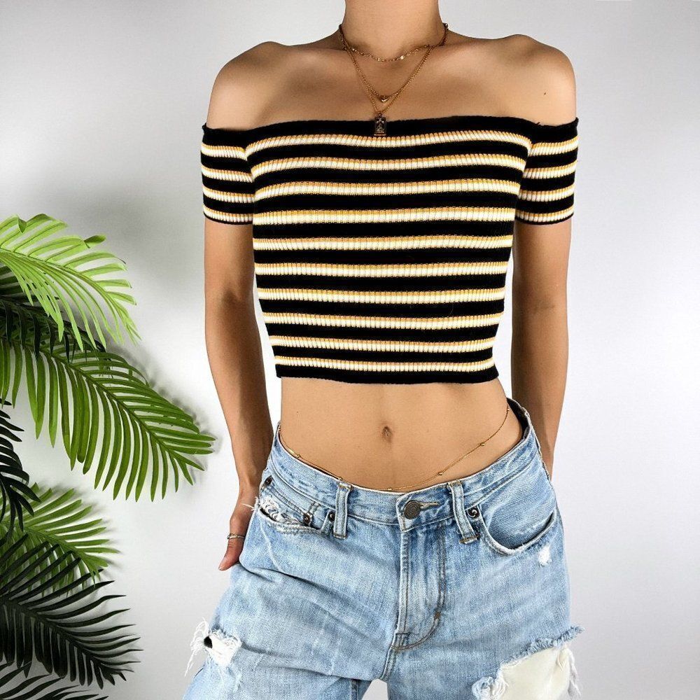 Vintage Y2K Black Striped Casual Indie Grunge Off Shoulder Knit Crop Top / S